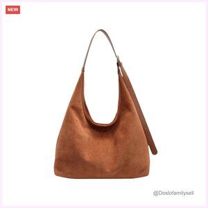 Faux Suede Tote Bag Slouchy Retro Adjustable Shoulder Strap Office Purse
